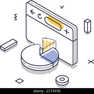 Isometric line art icon related to online marketing, featuring a smartphone displaying a pie chart and various geometric shapes. Vector illustration Stock Vector