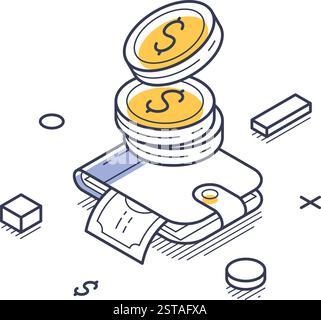 Wallet with coins being stacked on top, symbolizing transactions and financial activity. The line art style emphasizes clarity and modern design, idea Stock Vector