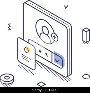 Isometric icon depicting internet security with user profile and password elements. Vector illustration Stock Vector