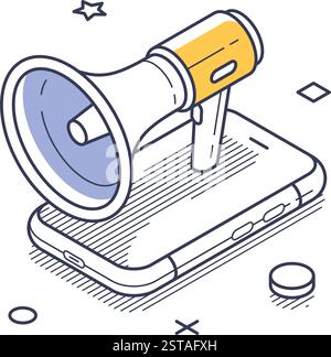 An illustration showcases an isometric line art design of a smartphone with two emoticon icons attached. Modern isometric line art vector illustration Stock Vector