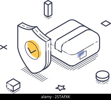 A clear depiction of a delivery service icon featuring a secure package with a protective shield and clock symbol. The design focuses on efficiency an Stock Vector