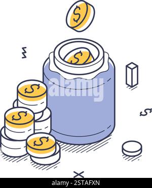 Savings jar with golden coins being added, representing the theme of business investment in a modern isometric design. Ideal for financial infographic Stock Vector