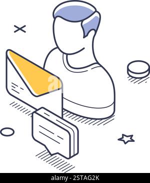 Isometric line art style representation of a user engaging with social media elements. There are icons of messages and envelopes, symbolizing interact Stock Vector