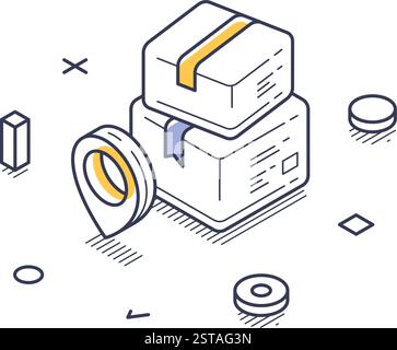 Isometric line art depicting a parcel stack, symbolizing online shopping and delivery tracking. Surrounding elements emphasize the service's efficienc Stock Vector