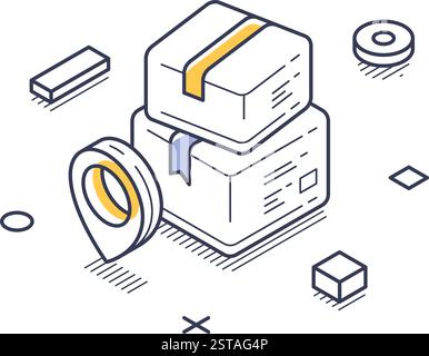 Set of stacked delivery packages, highlighted with ribbons, alongside location markers and geometric shapes. It is a clean illustration suitable for l Stock Vector