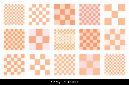 Square, block, tile, chess, and QR code inspired elements in Memphis style. Set of seamless checkered grid patterns in Peach Fuzz color. High quality Stock Vector
