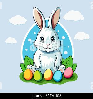 Easter bunny with colorful eggs and fluffy clouds on a blue background, perfect for holiday decor and kids activities. High quality vector illustratio Stock Vector