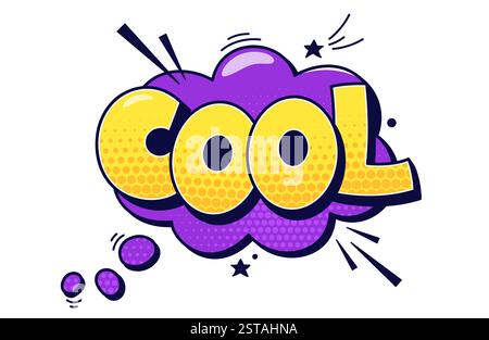 Speech bubble COOL. Yellow halftone text on Purple background. Stock Vector
