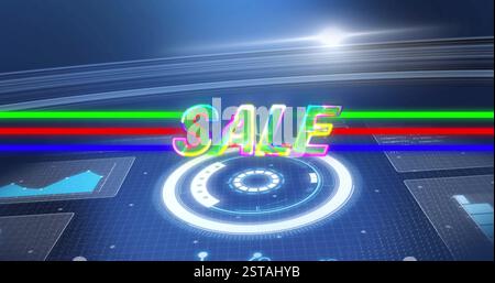 Image of sale text over colourful shapes and data processing Stock Photo