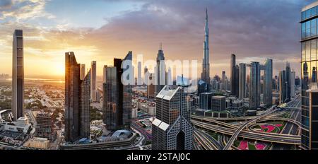 Dubai skyline at sunset with Burj Khalifa - aerial view, United Arab Emirates Stock Photo