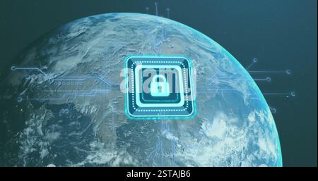 Lock icon and circuit lines image over Earth from space Stock Photo