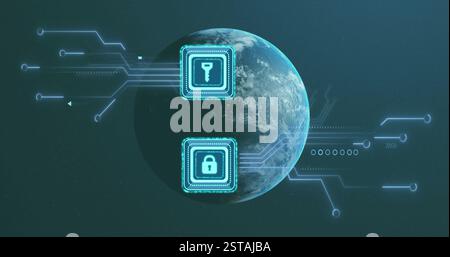 Digital security icons image over Earth with circuit lines Stock Photo
