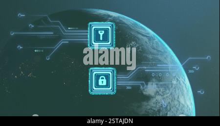 Digital security icons image over Earth from space Stock Photo