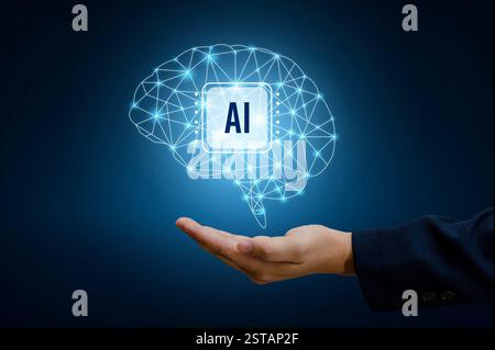 Illustration of an abstract futuristic background with digital technology and artificial intelligence concepts. The text AI Stock Photo