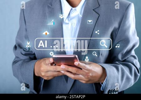 Illustration of an abstract futuristic background with digital technology and artificial intelligence concepts. The text AI Stock Photo