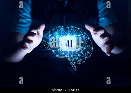 Illustration of an abstract futuristic background with digital technology and artificial intelligence concepts. The text AI Stock Photo