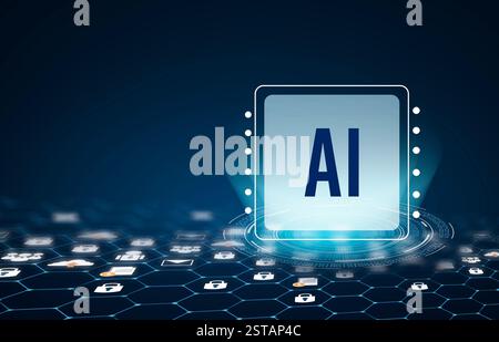 Illustration of an abstract futuristic background with digital technology and artificial intelligence concepts. The text AI Stock Photo