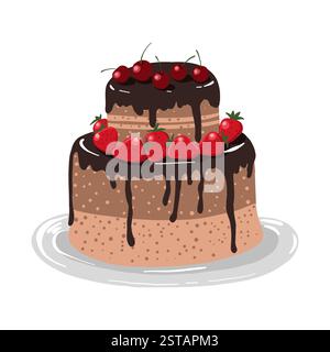 Chocolate cake with cherries and strawberries, isolated vector illustration Stock Vector