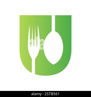 Initial Letter U Restaurant Logo Design Concept With Fork and Spoon Symbol Stock Vector
