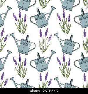 Work in spring garden and vegetable garden, planting and watering. Spring vibe. Pattern with garden watering can and lavender flowers. Vector illustra Stock Vector