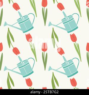 Pattern with garden watering can and red tulips. Spring vibe. Work in spring garden and vegetable garden, planting and watering. Vector illustration Stock Vector