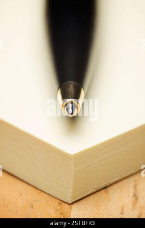 Pen and Post It Notes Pad Against a Wood Background Stock Photo