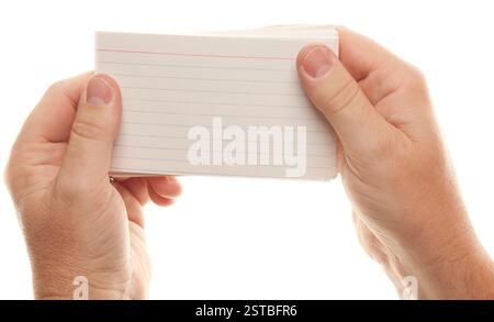 Male Hand Holding Stack of Flash Cards Isolated on a White Background. Stock Photo