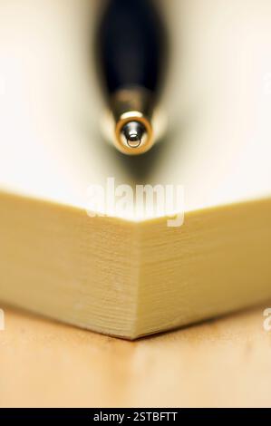 Pen and Post It Notes Pad Against a Wood Background Stock Photo