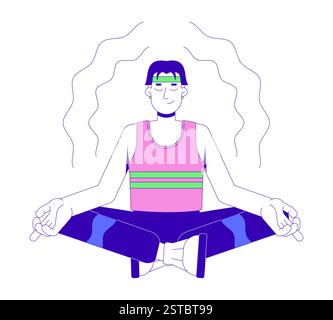 Korean man sitting in lotus position, meditating peaceful 2D cartoon character Stock Vector