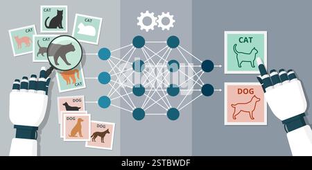 Artificial intelligence and deep learning: robot analyzing data, learning and performing tasks Stock Vector
