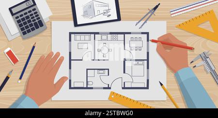 Creative architect working on a house project and checking the floor plan, desk with tools and supplies, top view Stock Vector