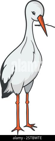 Stork with a twig in its beak. Color vector illustration on white background. Image for children's book, sticker, poster Stock Vector