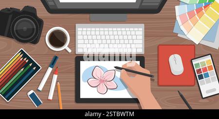 Creative graphic designer sitting at the desk and working, he is drawing with a graphics tablet, top view Stock Vector
