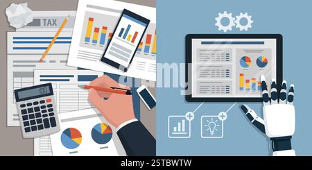 Human and AI robot analyzing financial reports: AI in accounting concept Stock Vector