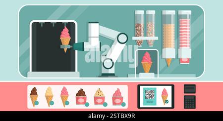 Autonomous AI robot serving delicious ice creams, robots for service and retail concept Stock Vector