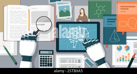 AI robot sitting at the desk, reading books and analyzing data, top view: deep learning and artificial intelligence concept Stock Vector