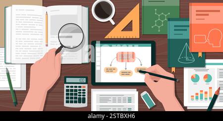 Adult student sitting at his desk and preparing for the exam, top view: learning and education concept Stock Vector