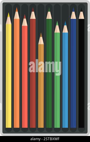 Set of color pencils in a case, creativity and art concept, isolated Stock Vector