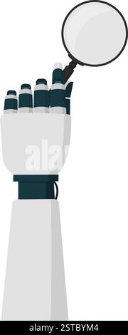 AI robot holding a magnifier and analyzing data, isolated on white background Stock Vector