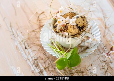 Fresh quail eggs in a cup, Easter decoration on kitchen table Stock Photo