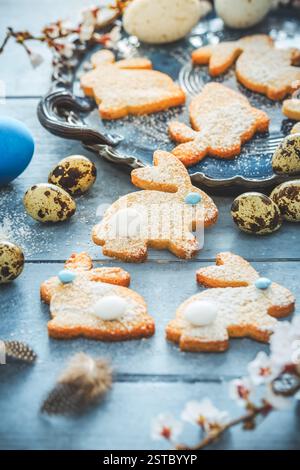 Homemade almond bunny cookies for Easter with Easter eggs in blue tone Stock Photo