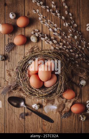 Natural fresh eggs for Easter and cooking in brown tone, Easter decoration Stock Photo