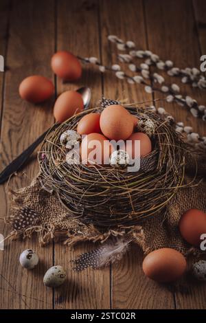 Natural fresh eggs for Easter and cooking in brown tone, Easter decoration Stock Photo