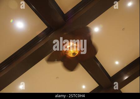 Floral ceiling fan. Miami. Decorative light fixture with cooling function. Fancy air circulator. Stock Photo