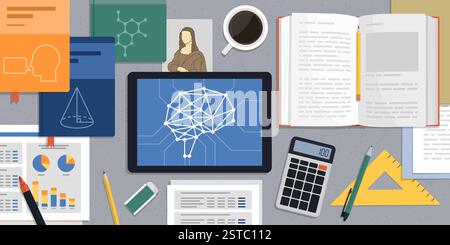 Deep learning and AI: books and supplies surrounding a tablet showing a neural network, top view Stock Vector