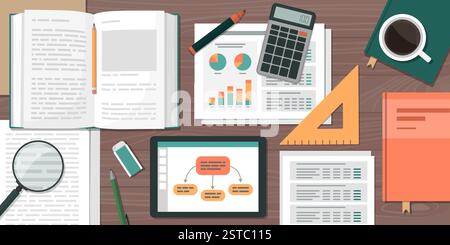 Student desktop with books, tablet and supplies: learning, education and research concept Stock Vector