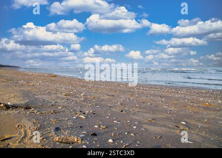 View over the beach on the island of Usedom with lots of shells. Light waves on the Baltic Sea. Landscape shot of the coast Stock Photo