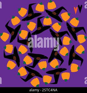 Colorful pumpkins, Witch Hats with buckle Circle Frame border on purple Copy space Template concept. Isolated Vector illustration Thematic, greeting or invitation cards, posters or web promo banners Stock Vector