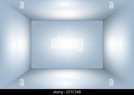Blue 3d studio room, light box podium gallery space perspective, inside box mockup, vector illustration Stock Vector