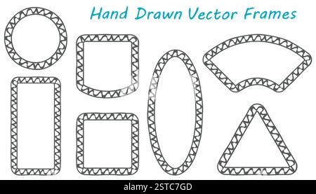 Frame outline set. Hand drawn decorative doodle wave ink brush stroke line, ethnic boho design border collection. Circle, rectangle, triangle shapes Stock Vector